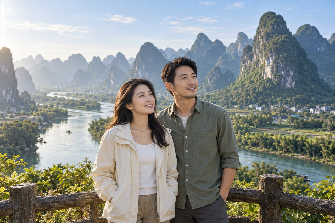 旅客在观景台欣赏阳朔喀斯特群山。