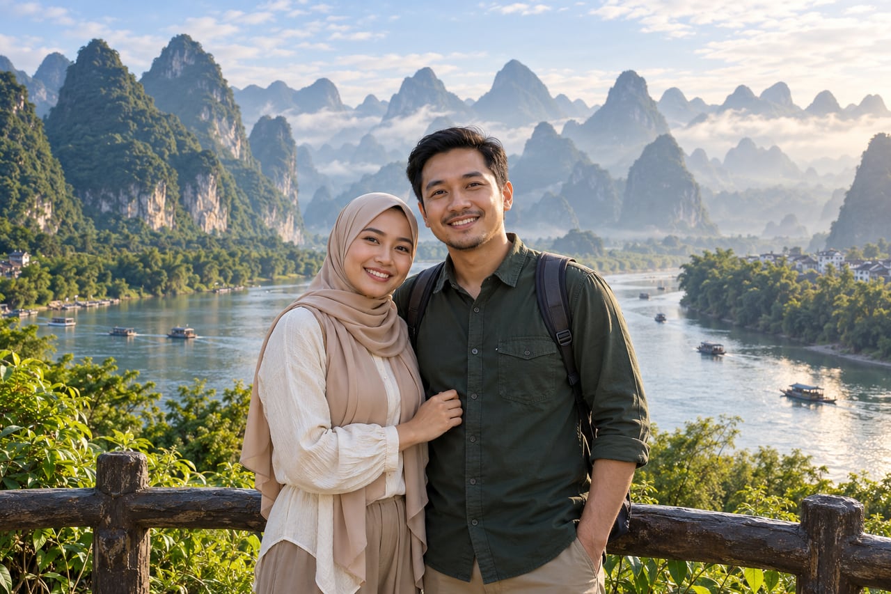 Pelancong menikmati pemandangan bukit batu kapur Yangshuo.