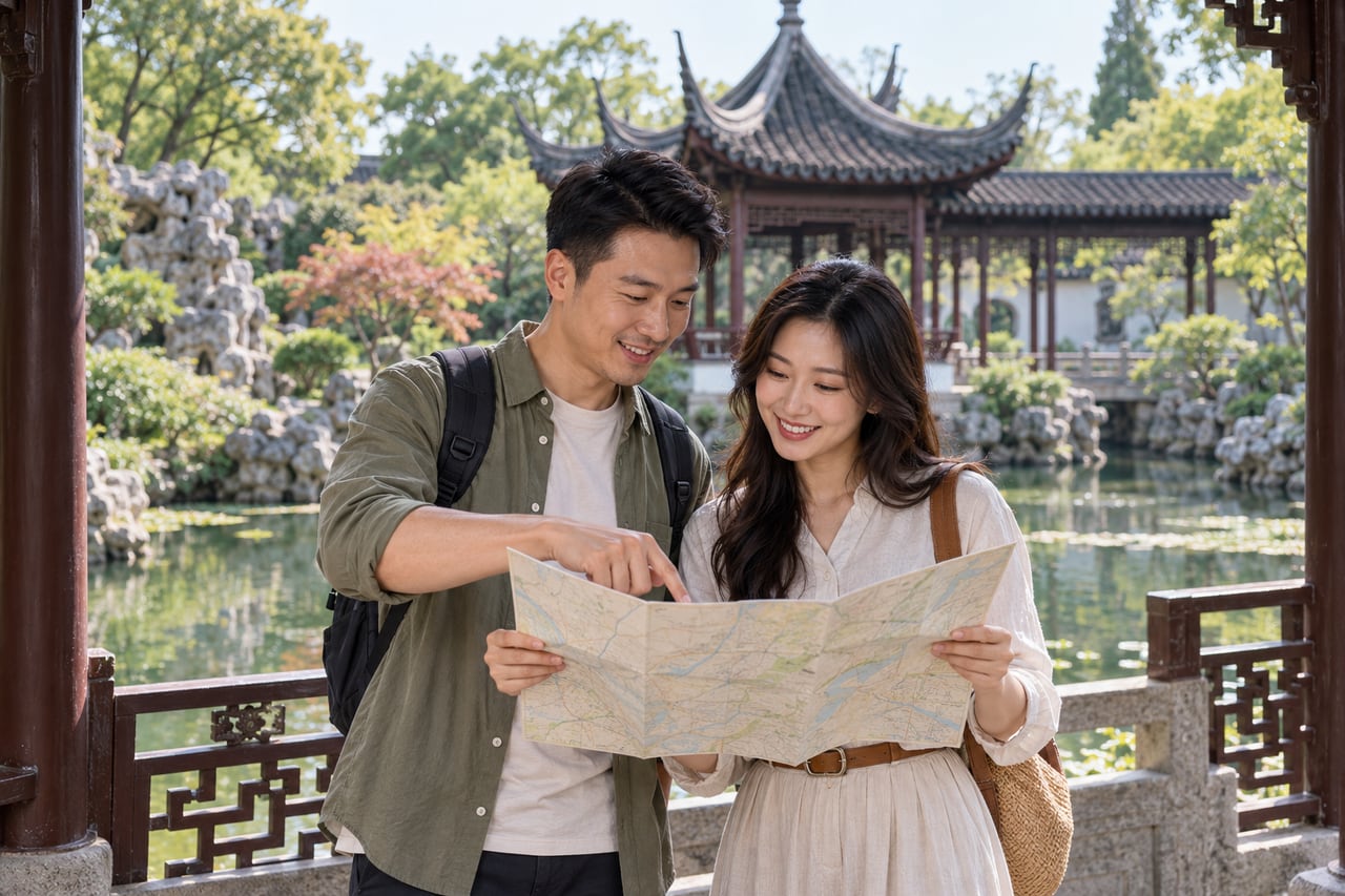 Travellers consulting a paper map in a traditional garden.