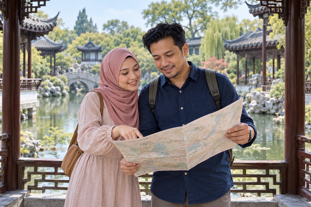 Pelancong merujuk peta di taman tradisional.