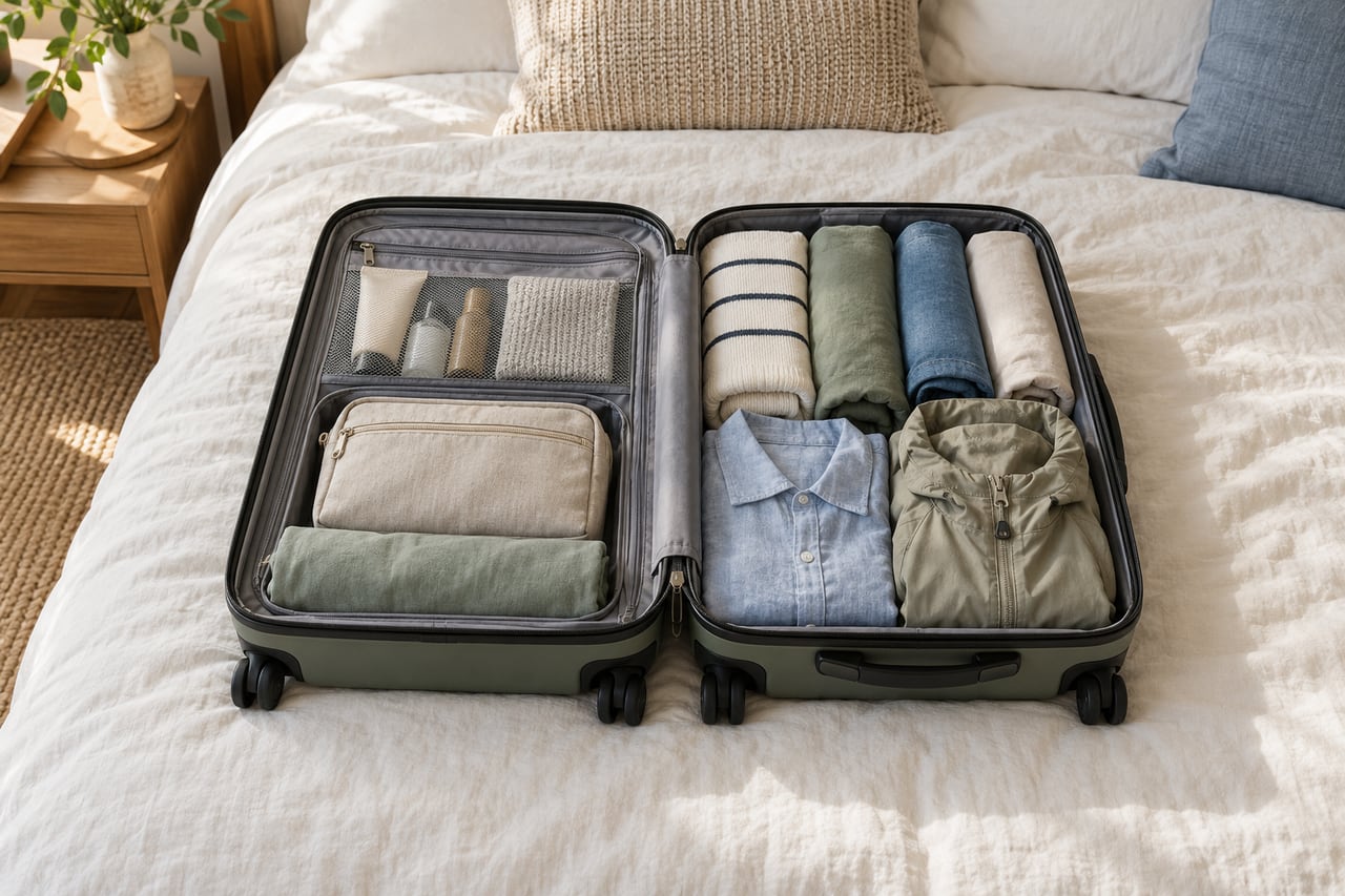 Travel essentials neatly packed for a holiday in China.