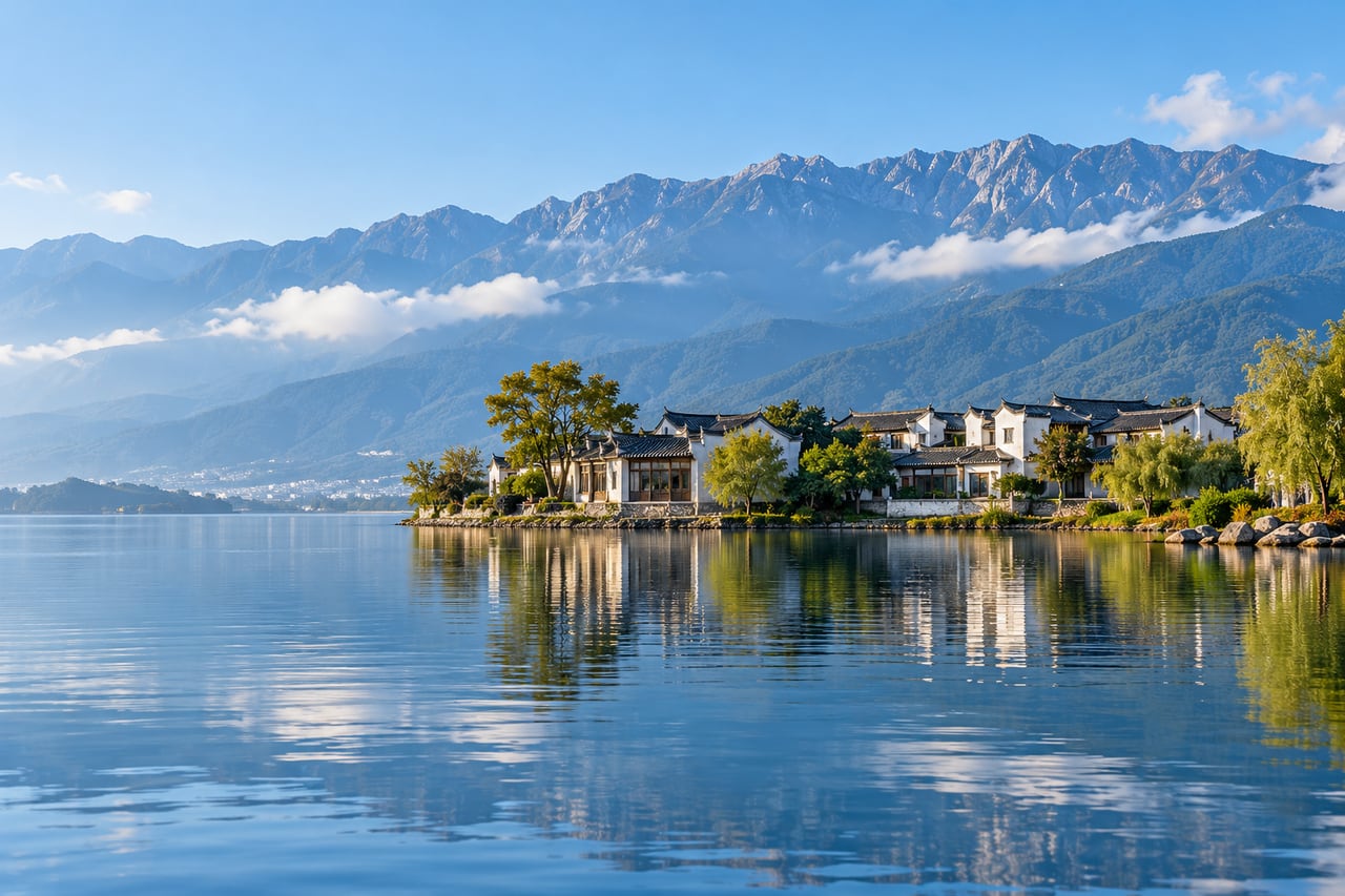 Dali and Erhai Lake beneath the surrounding mountains.