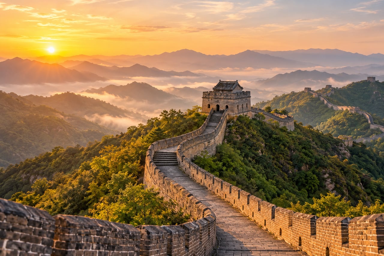 The Great Wall winding across wooded mountain ridges.