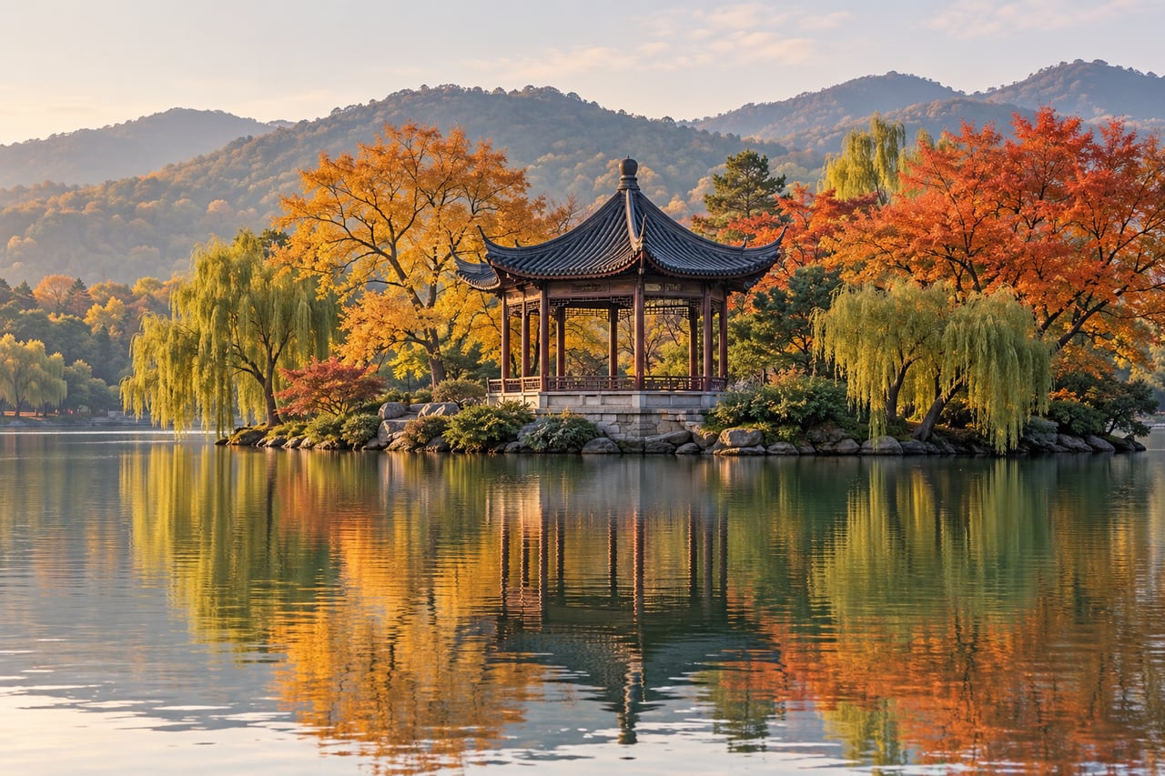 Autumn colours along the water in Hangzhou.