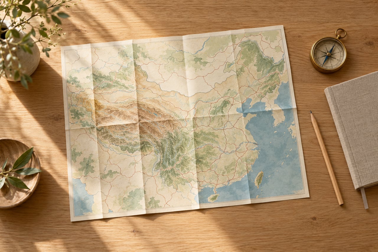 Travel planning materials arranged for choosing a China route.