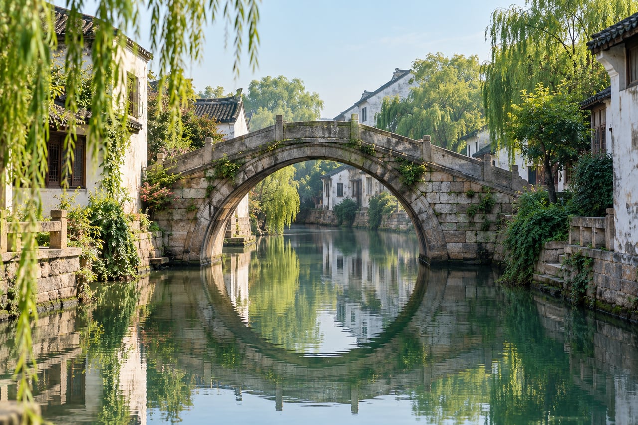 A peaceful canal lined with traditional buildings in Suzhou.