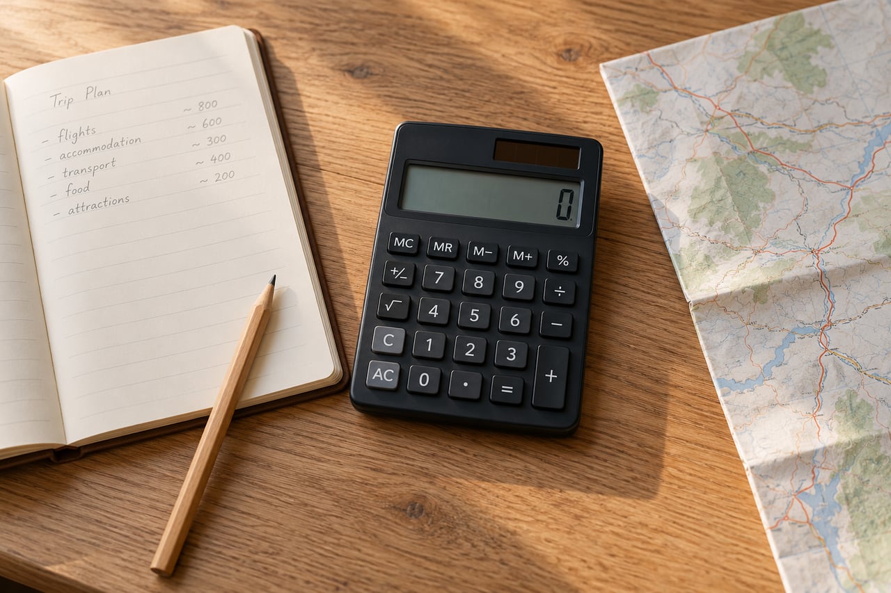 A notebook and calculator for planning holiday costs.