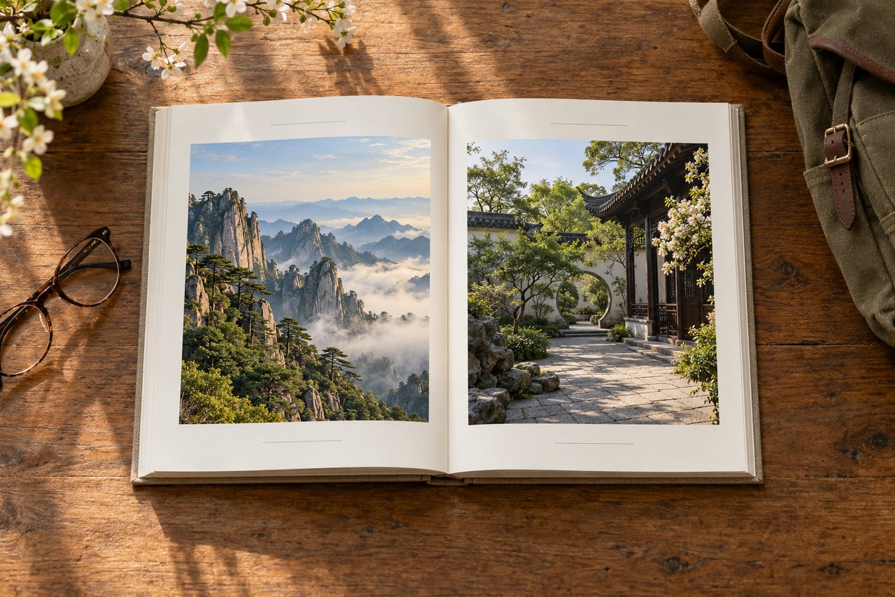 A travel reference book and notes prepared for a China holiday.