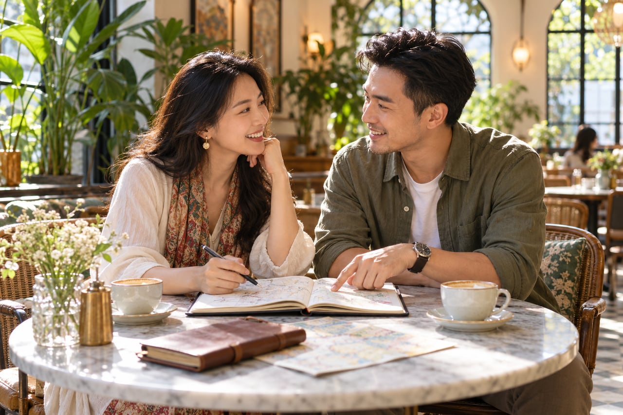 Travellers discussing plans for their China holiday.