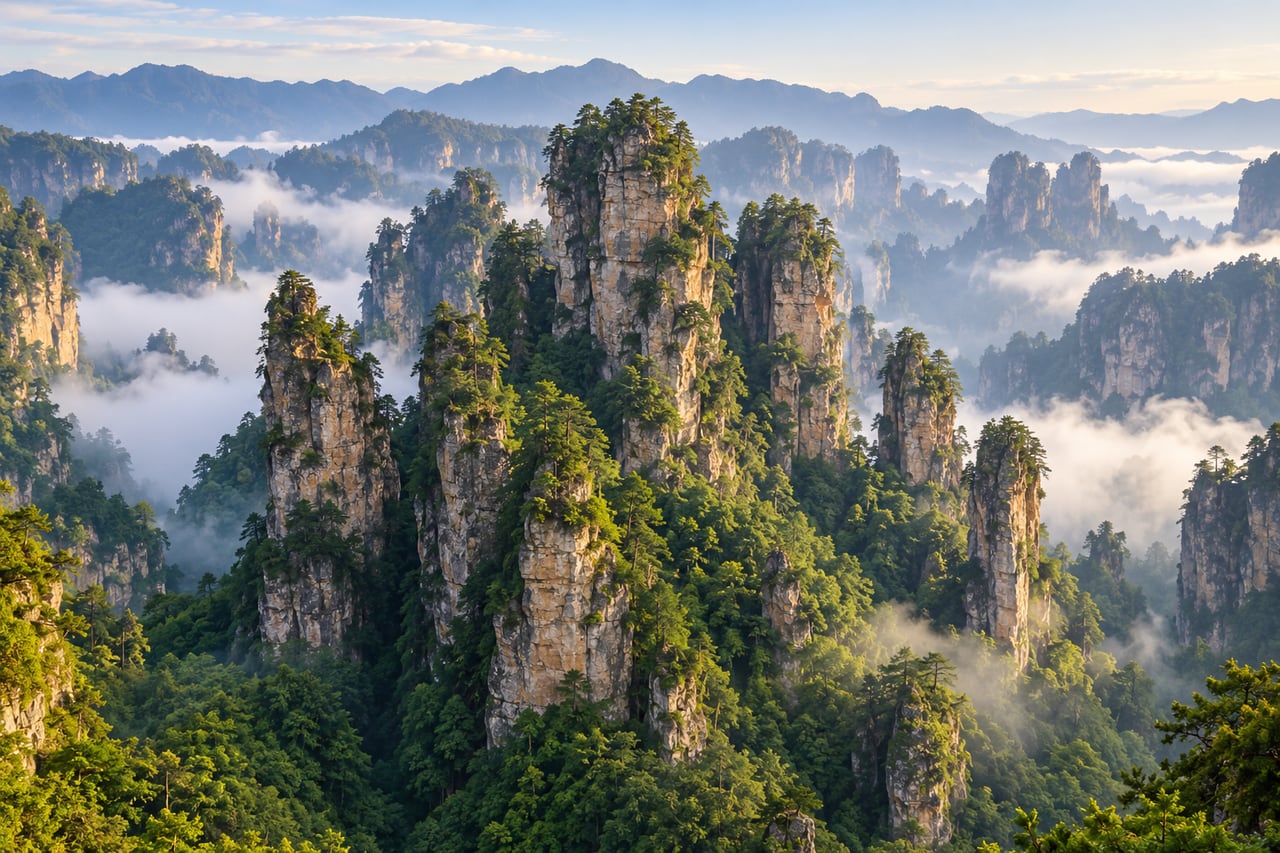 Sandstone peaks rising above the forest in Zhangjiajie.